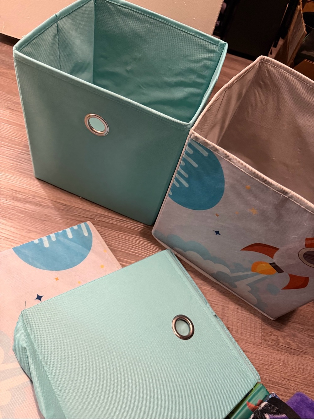 Fabric Storage Cubes - Set of 4- aqua and space themed- good condition:)